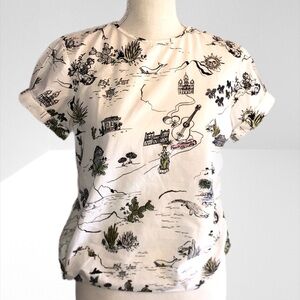 Zara white landscape printed cotton side tie shirt Small